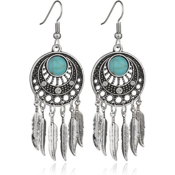 Jewelry - Retro Bohemian Dream Catcher Earrings with Turquoise Tassels - A Magical Gift